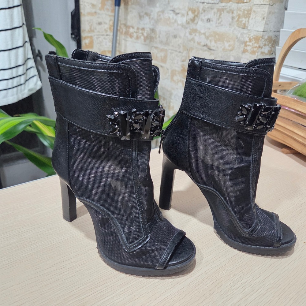 Karl Lagerfeld Paris Blayze Black Mesh Peep Toe Ankle Boots Embellished 5.5M